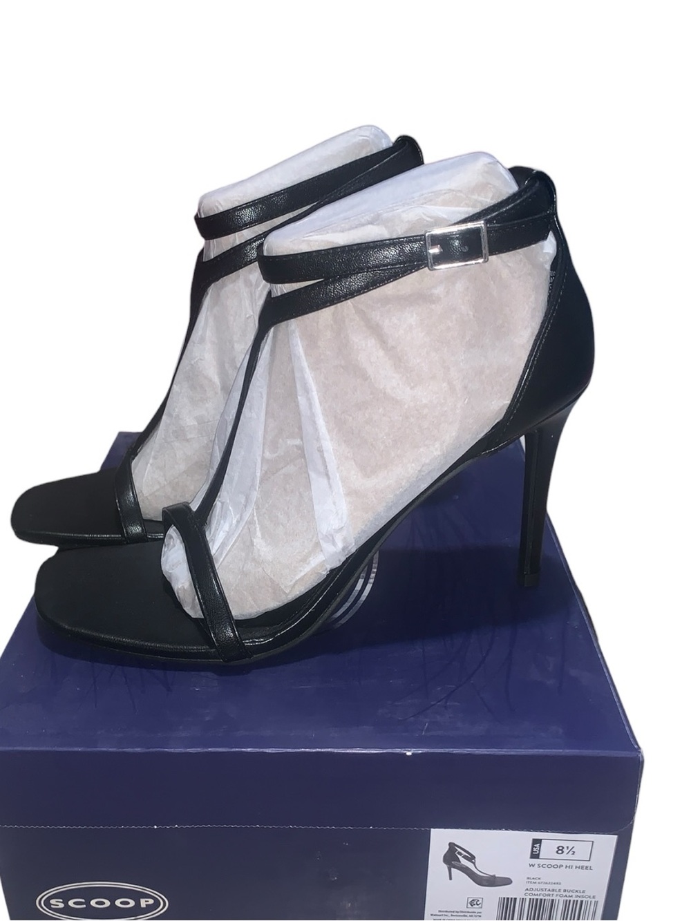 NWT Scoop Black Stiletto High Heels Ankle Strap Open Toe